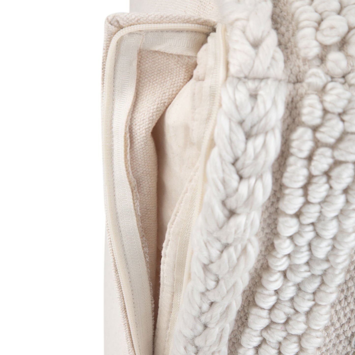 Close-up of the Sommer - Handcrafted Square Pouf, featuring a cream textured, chunky woven and tufted fabric with a visible zipper and inner pillow insert.