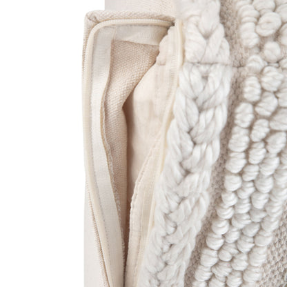 Close-up of the Sommer - Handcrafted Square Pouf, featuring a cream textured, chunky woven and tufted fabric with a visible zipper and inner pillow insert.