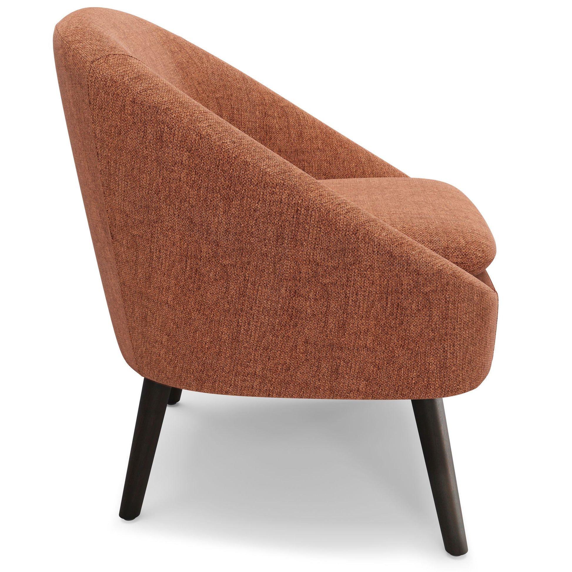 Side view of the Redding - Upholstered Accent Chair in orange, featuring angled black wooden legs and a gently curved backrest. This chair showcases a minimalist, contemporary design perfect for modern interiors.