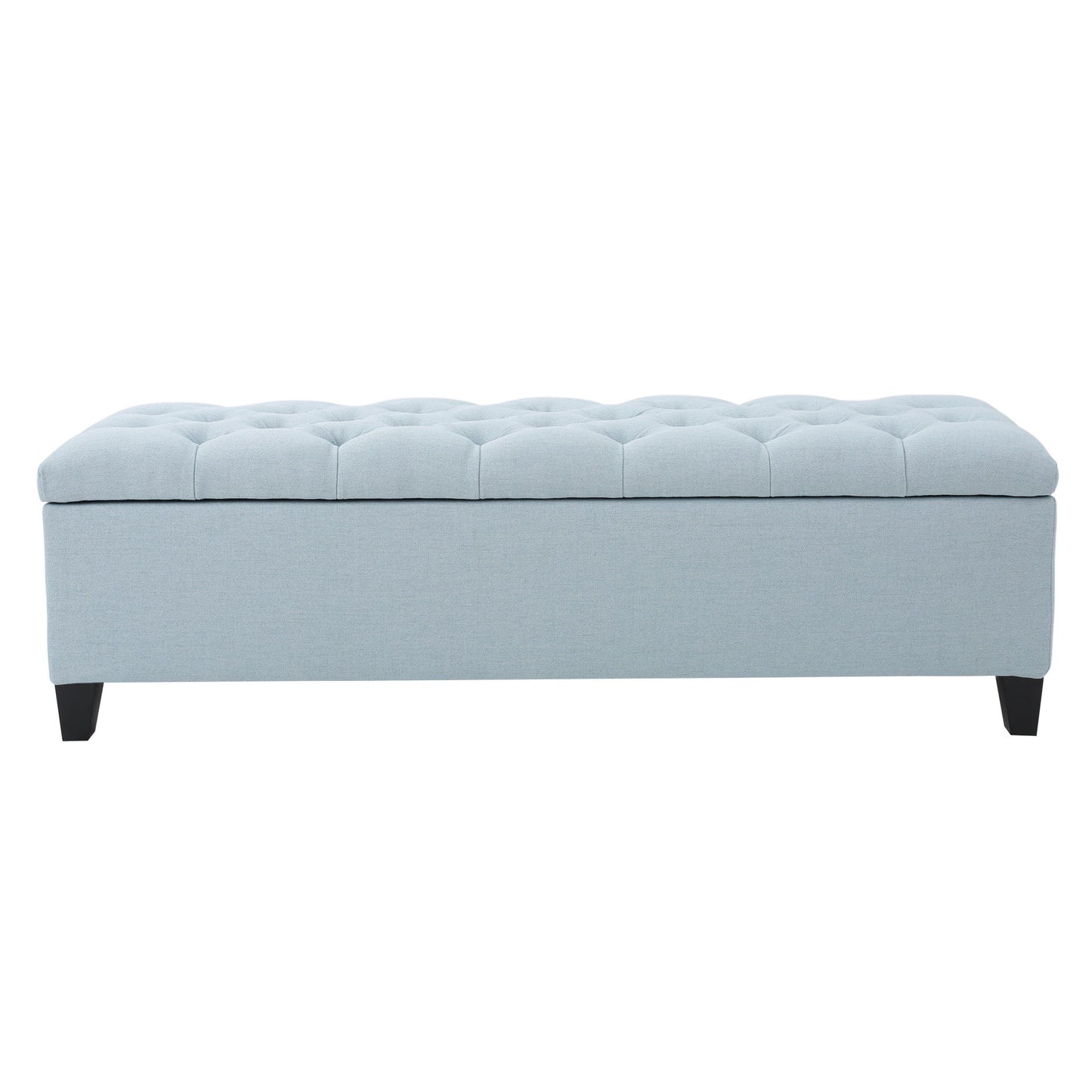 The Glouster Contemporary Storage Ottoman features a light blue upholstered, button-tufted top, short black legs, and handy storage, shown against a white background.
