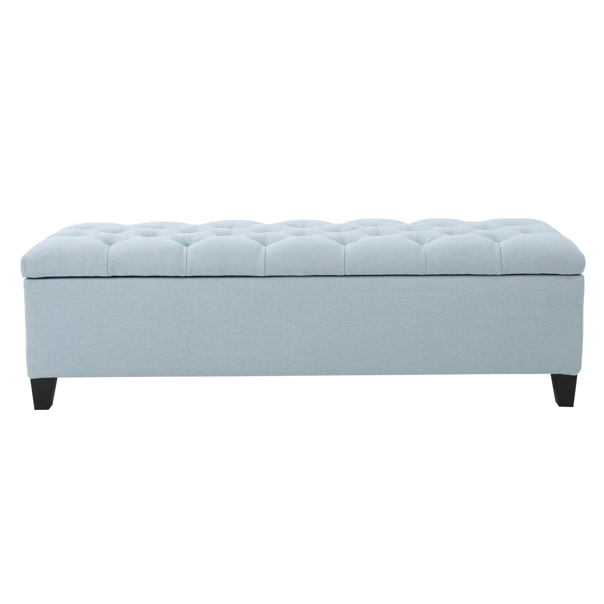 The Glouster Contemporary Storage Ottoman features a light blue upholstered, button-tufted top, short black legs, and handy storage, shown against a white background.