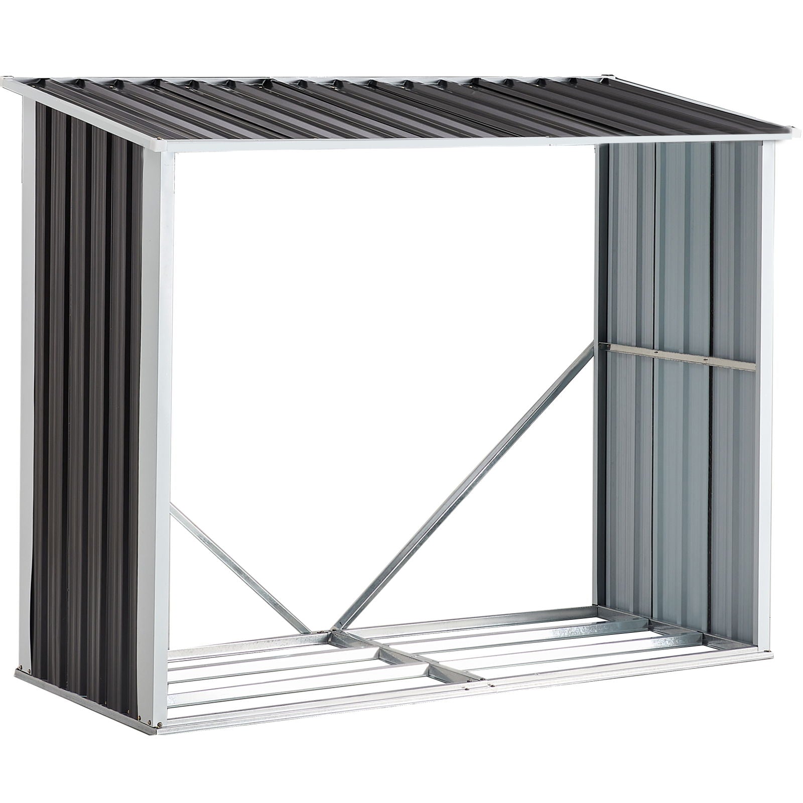 The Log Storage Shed is a black anthracite galvanized steel firewood rack with a sloped roof, open front, and partial sides, ideal for protecting and storing logs in your backyard, garden, patio, or porch.