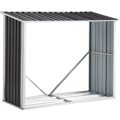 The Log Storage Shed is a black anthracite galvanized steel firewood rack with a sloped roof, open front, and partial sides, ideal for protecting and storing logs in your backyard, garden, patio, or porch.