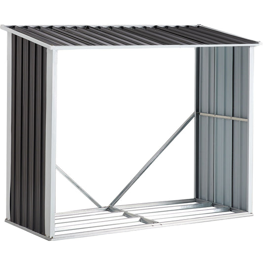 The Log Storage Shed is a black anthracite galvanized steel firewood rack with a sloped roof, open front, and partial sides, ideal for protecting and storing logs in your backyard, garden, patio, or porch.