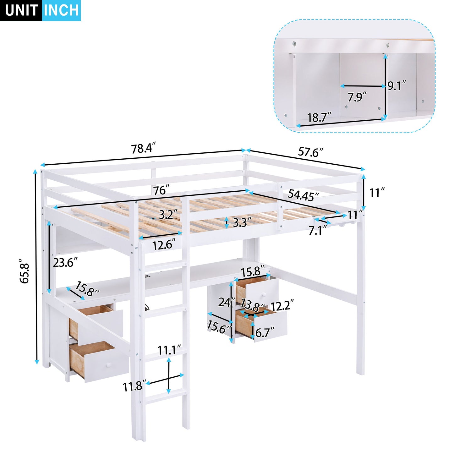 Full Size Loft Bed With Desk, Cabinets, Drawers, Charging Station And Bedside Tray, Sturdy Frame, No Box Spring Required - White