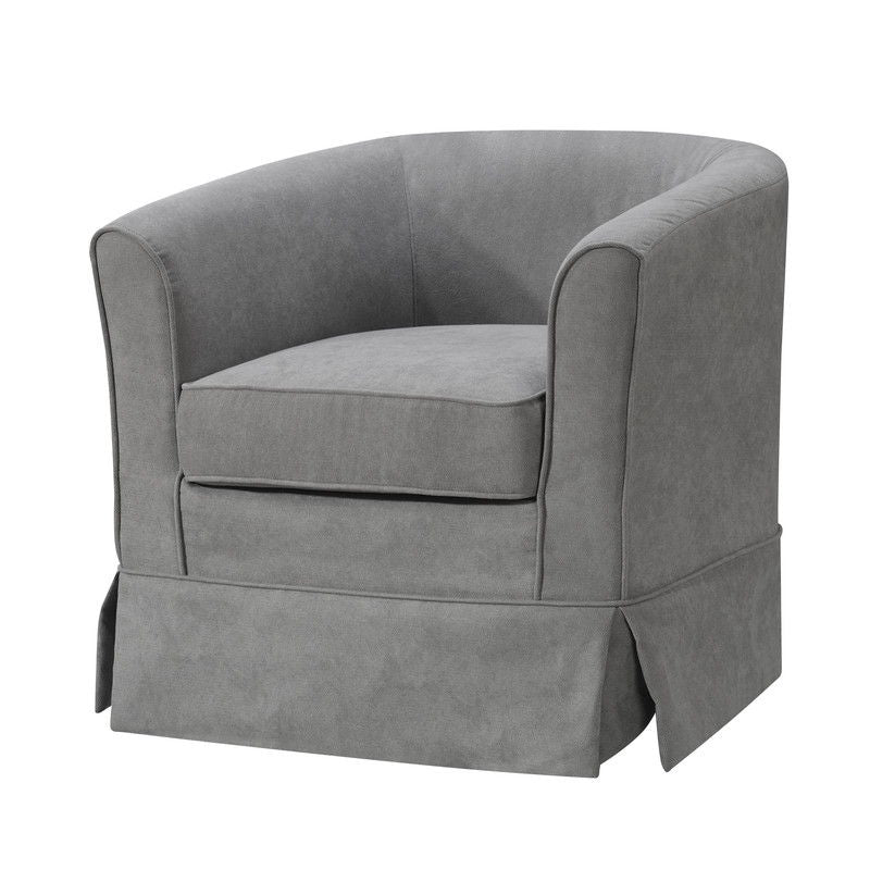 The Tucker Woven Fabric Swivel Barrel Chair features gray upholstery, a rounded back, loose seat cushion, and a tailored skirt over the legs, shown against a white background.