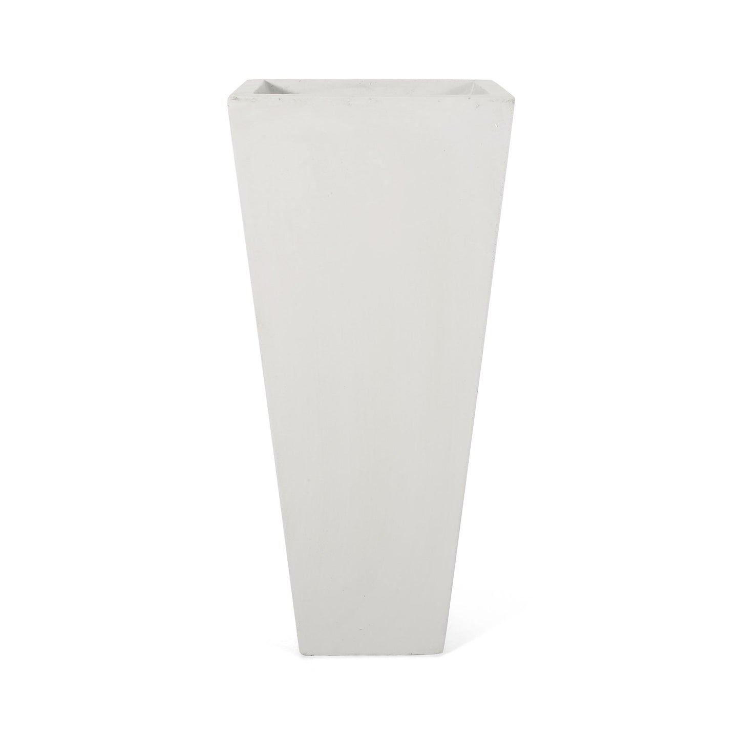 The Outdoor Modern Cast Stone Planter is a tall, modern white rectangular planter with a gently tapered design, shown on a white background.
