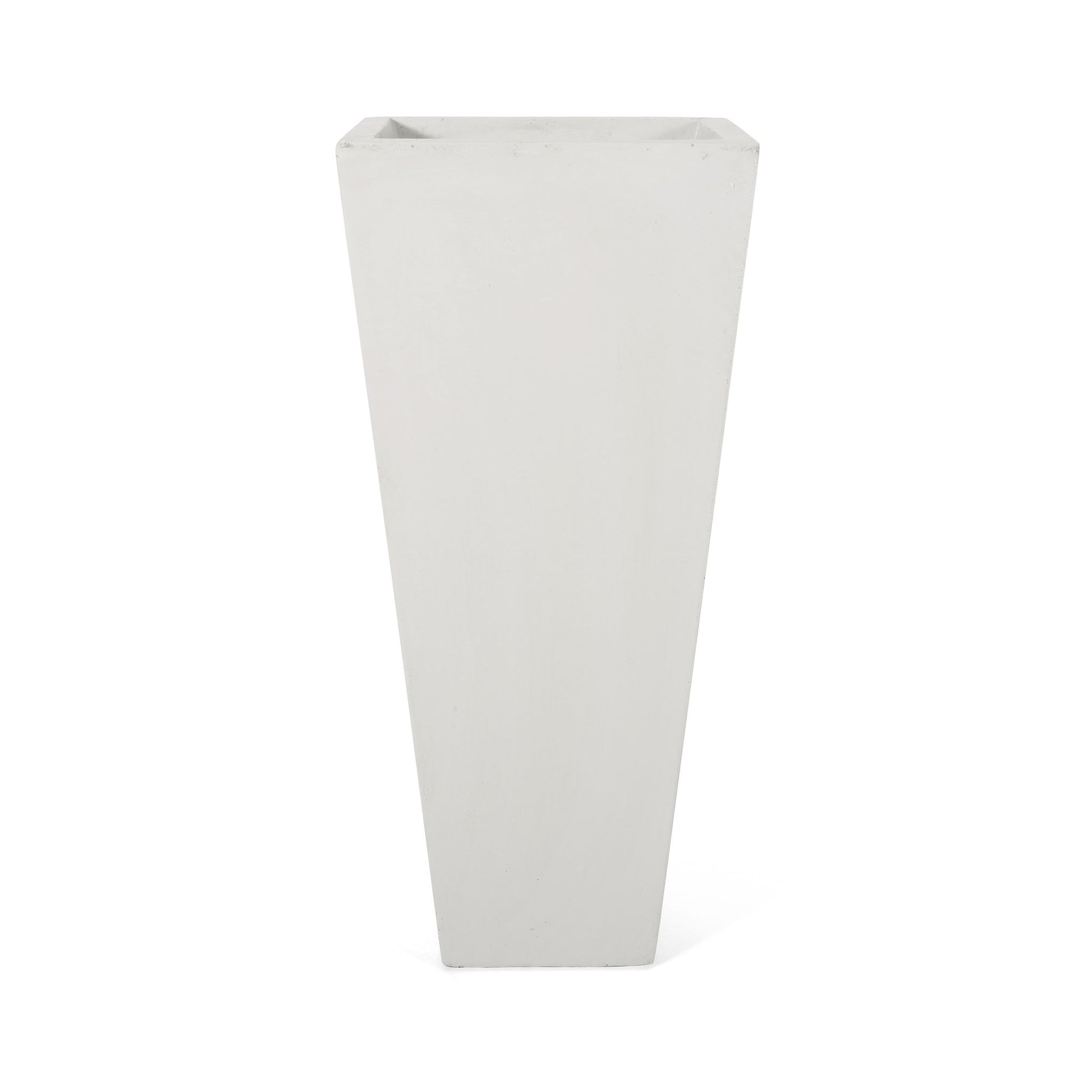 The Outdoor Modern Cast Stone Planter is a tall, modern white rectangular planter with a gently tapered design, shown on a white background.
