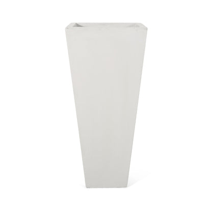 The Outdoor Modern Cast Stone Planter is a tall, modern white rectangular planter with a gently tapered design, shown on a white background.