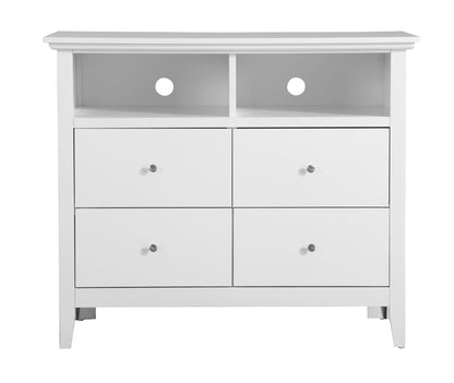 The Charming Media Chest With Storage is a white wooden dresser with four drawers and two open shelves on top, each shelf featuring a circular hole in the back panel for cable management.