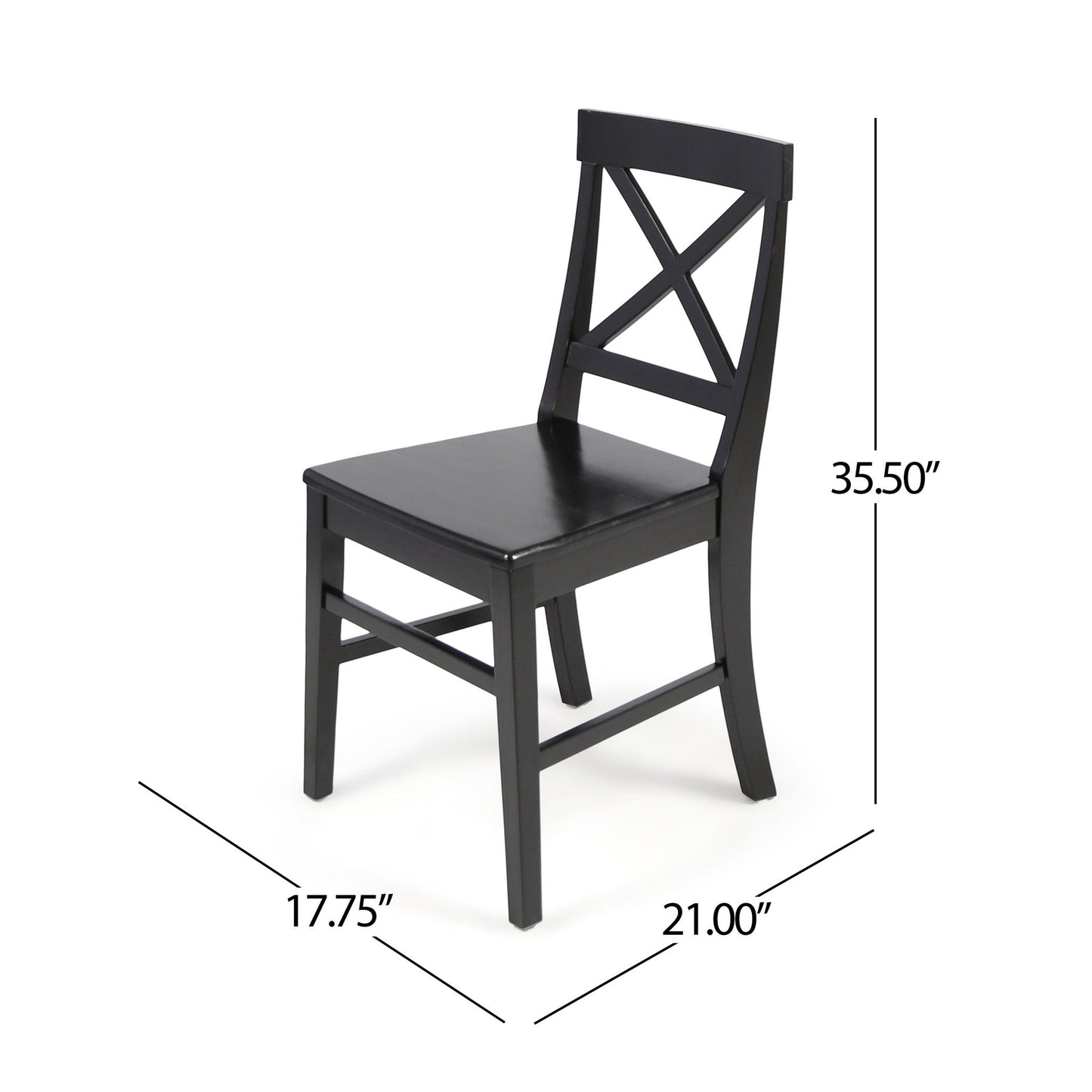 The Plethora Dining Chair With X Shaped Back (Set of 2) features a black wood finish and crisscross backrest, shown angled. Each chair measures 35.5" tall, 21" deep, and 17.75" wide.