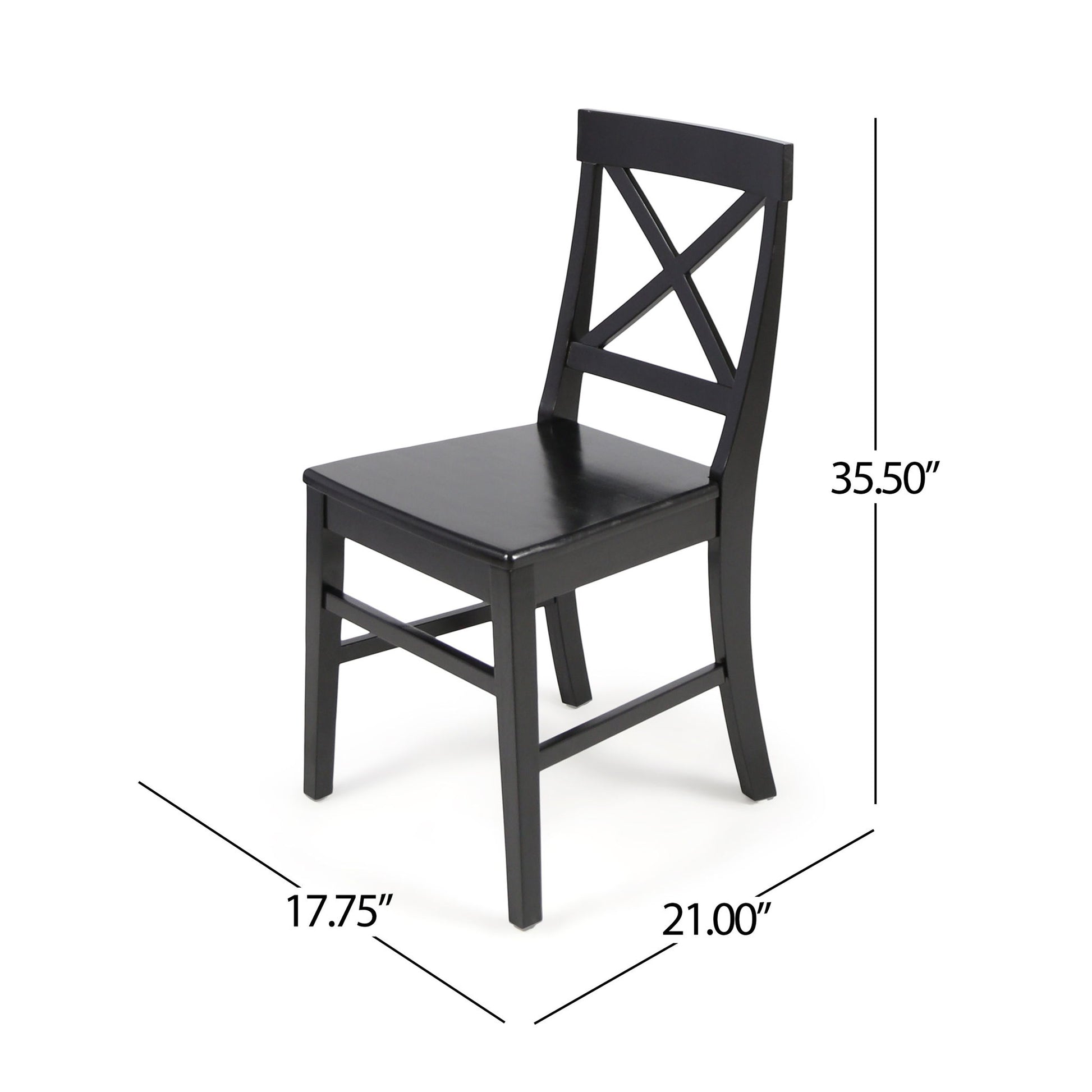 The Plethora Dining Chair With X Shaped Back (Set of 2) features a black wood finish and crisscross backrest, shown angled. Each chair measures 35.5" tall, 21" deep, and 17.75" wide.