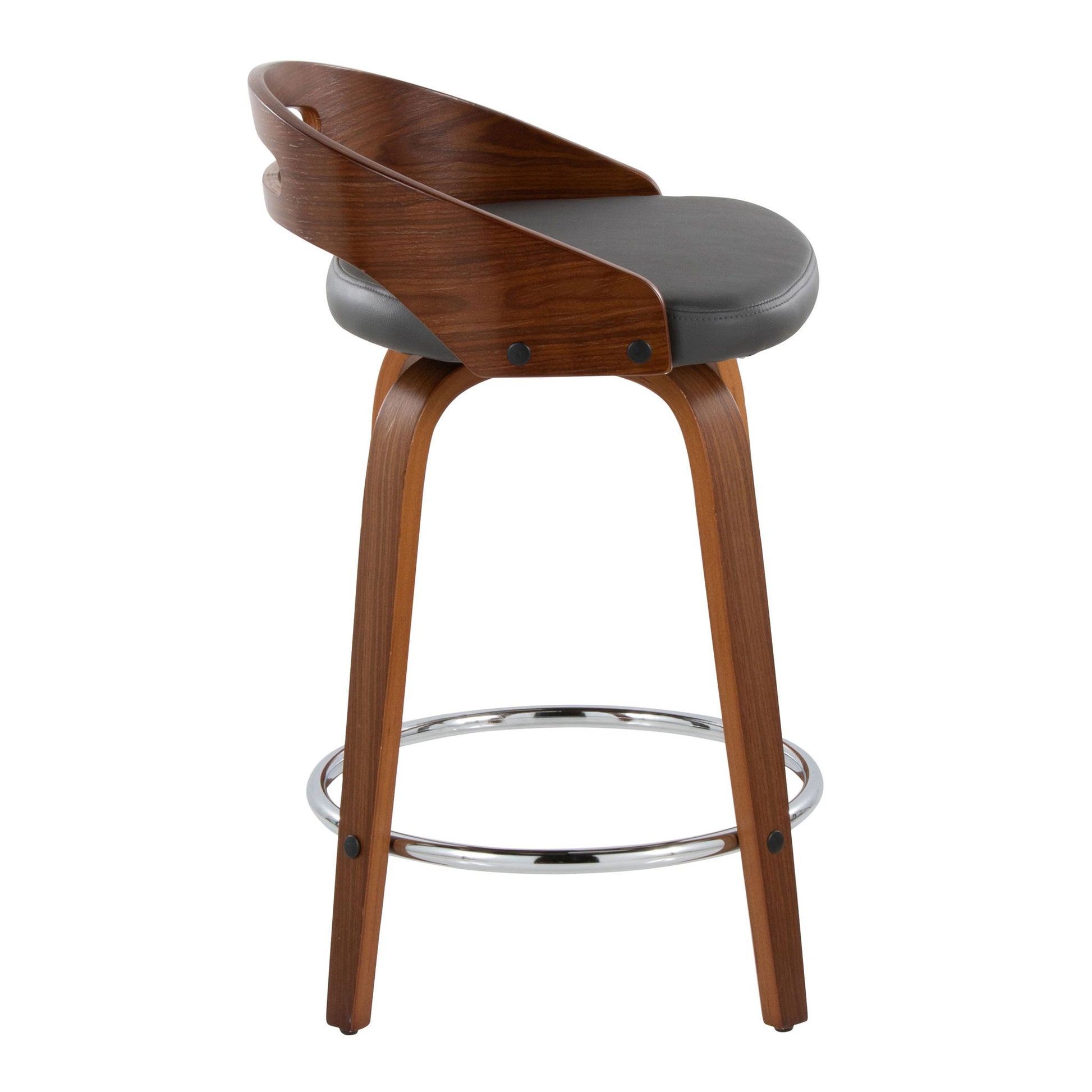 The Cassis Mid Century Modern Fixed Height Counter Stool features a curved wooden backrest, round black padded seat, four angled wooden legs, and a circular metal footrest. Comes as a set of 2 with swivel and round footrest.