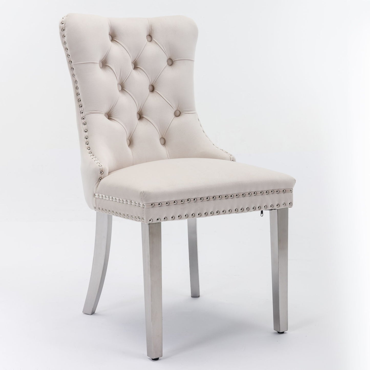 Set of 2 Nikki modern dining chairs feature tufted velvet upholstery, nailhead trim, and chrome stainless steel legs, shown against a plain white background.