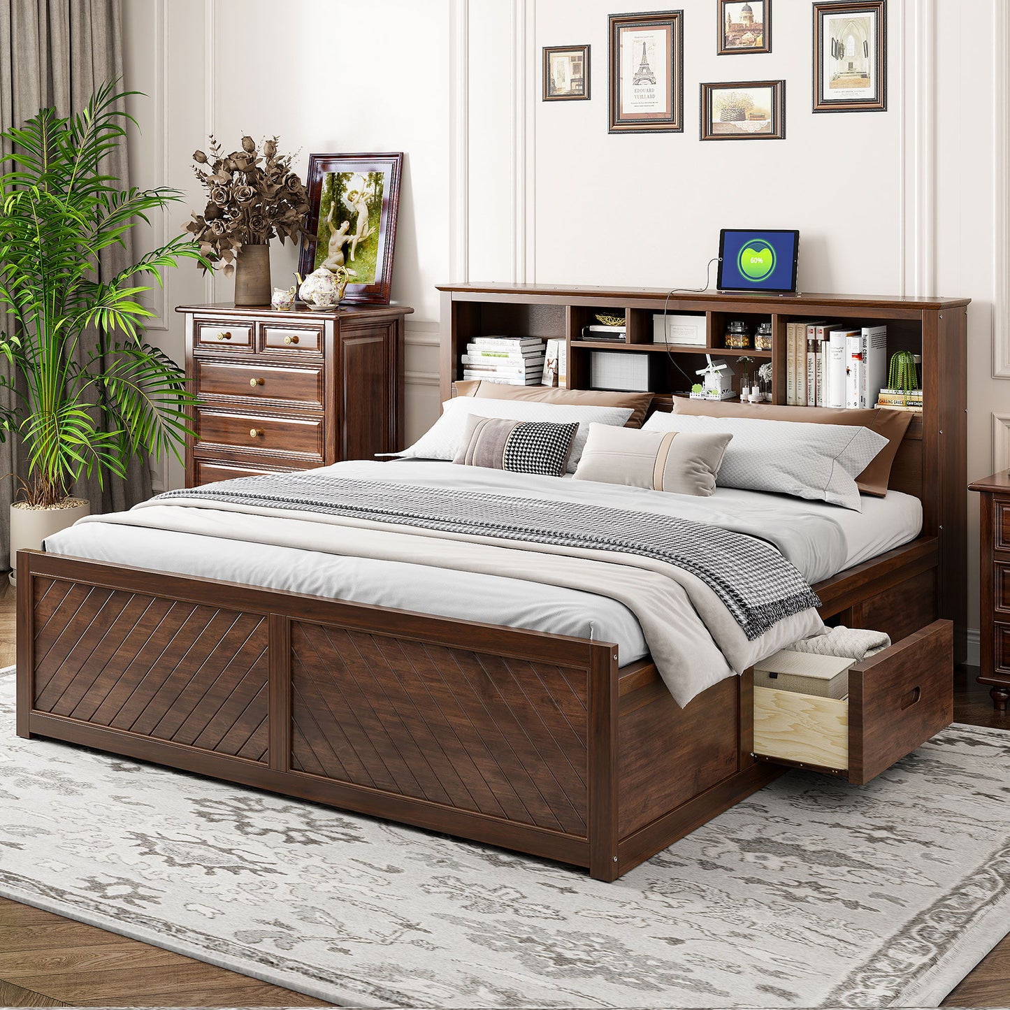 Platform Bed With Multi Storage Headboard, USB And Drawers