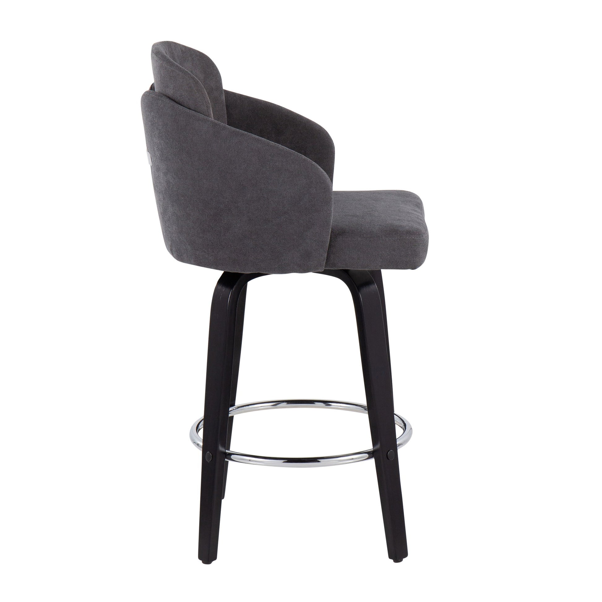 Side view of the Dahlia Contemporary Counter Stool (Set of 2) in dark gray upholstery, featuring a curved backrest, black wooden legs, and a round chrome footrest, shown against a white background.