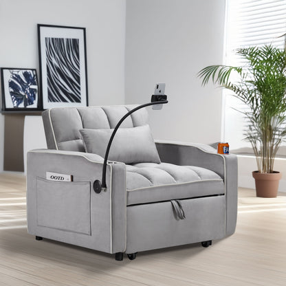 The Convertible Sleeper Chair Sofa Bed is a modern gray 3-in-1 chair with multi-pockets, a phone holder, and an extending footrest, perfect for bright living rooms or bedrooms with potted plants, framed art, and sunlight through blinds.