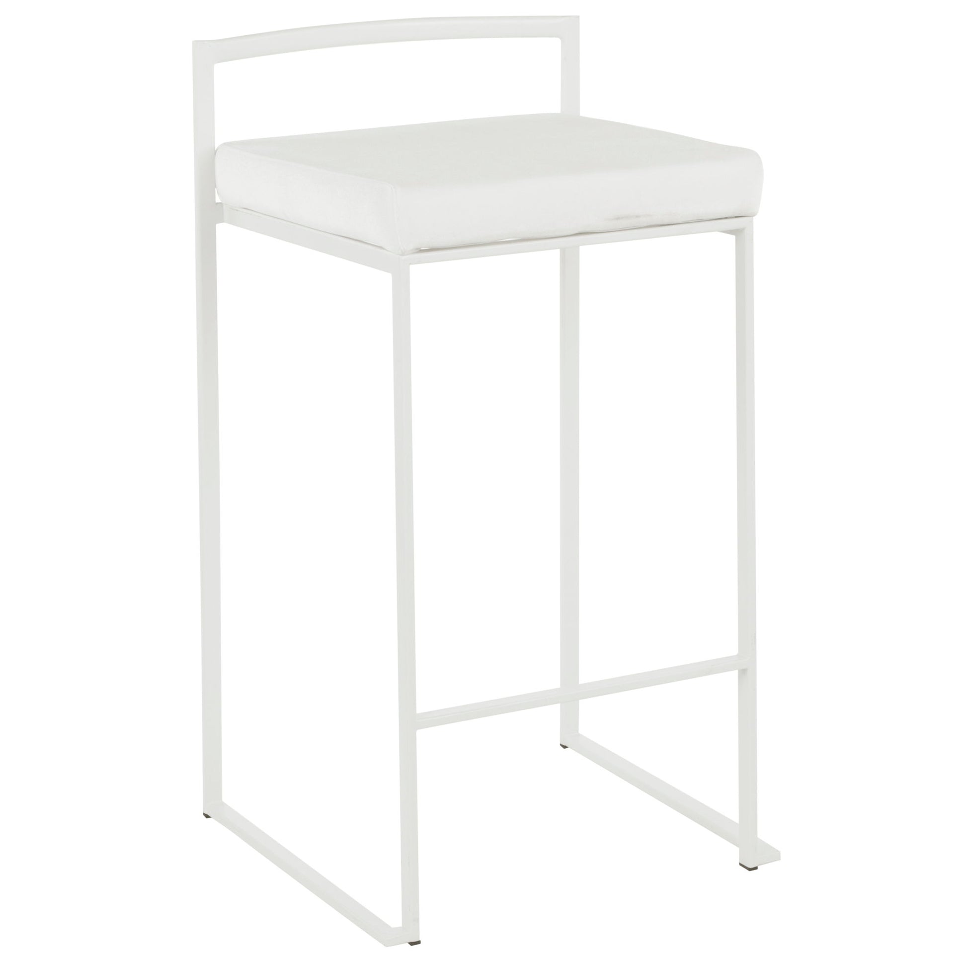 The Fuji - Simple Elegance, Contemporary Stackable Counter Stool features a modern white design with a minimalistic metal frame, square cushioned seat, straight legs, and a sleek backrest.