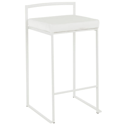 The Fuji - Simple Elegance, Contemporary Stackable Counter Stool features a modern white design with a minimalistic metal frame, square cushioned seat, straight legs, and a sleek backrest.