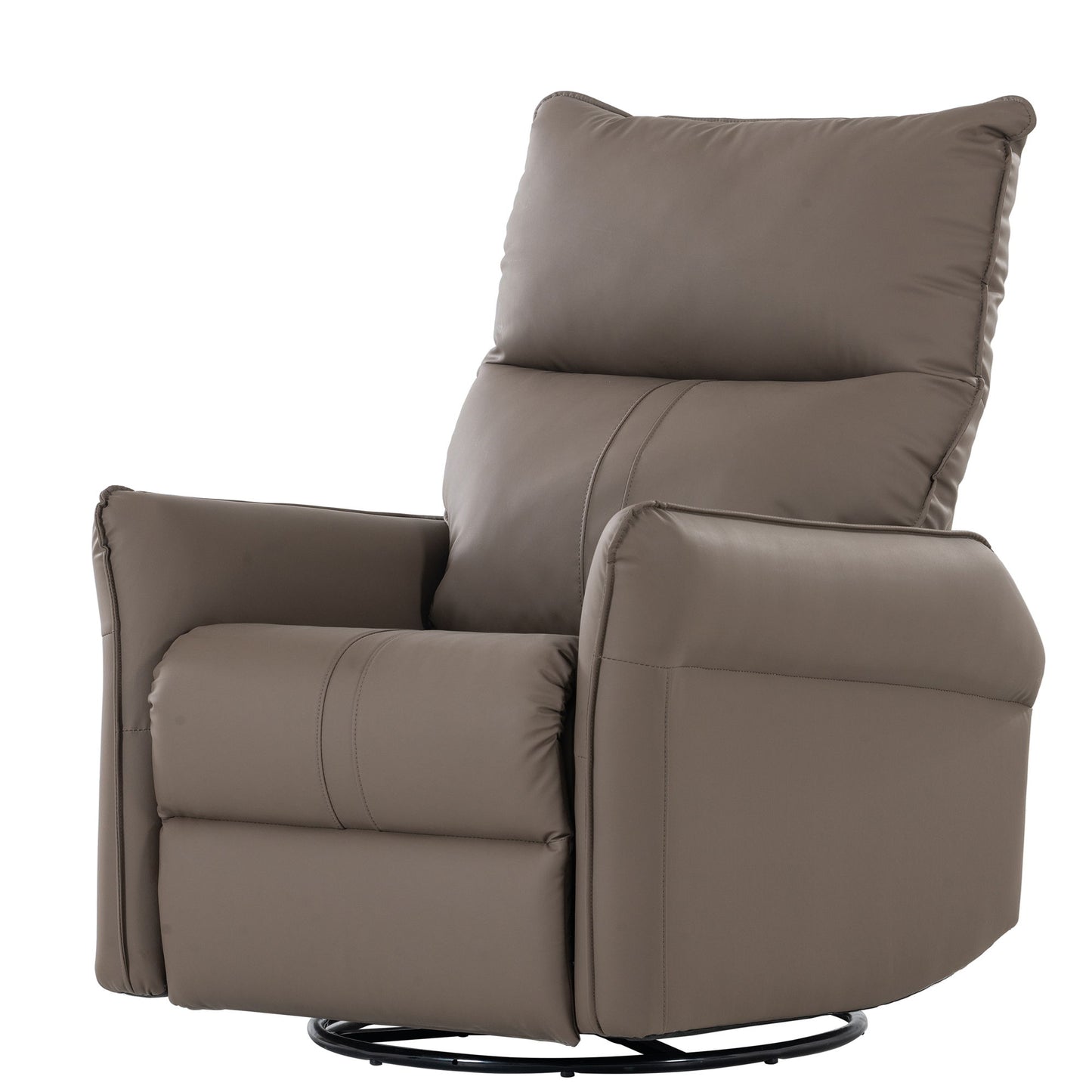 The 360° Modern Small Rocking Swivel Recliner Chair With Side Pocket features padded armrests, plush cushions, and a swivel base in taupe, displayed against a white background.