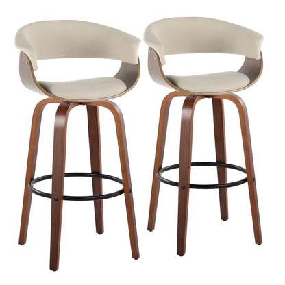 The Vintage Mod Mid Century Modern Fixed Height Barstool (Set of 2) features curved wooden legs, round black footrests, and light beige padded seats and backrests with a stylish blend of wood and fabric for a mid-century modern look.