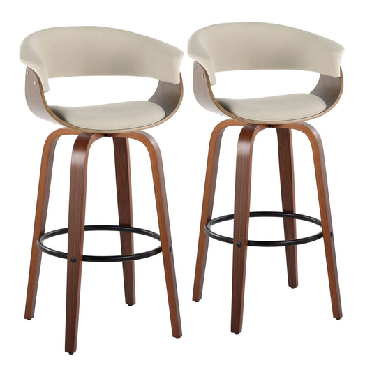 The Vintage Mod Mid Century Modern Fixed Height Barstool (Set of 2) features curved wooden legs, round black footrests, and light beige padded seats and backrests with a stylish blend of wood and fabric for a mid-century modern look.