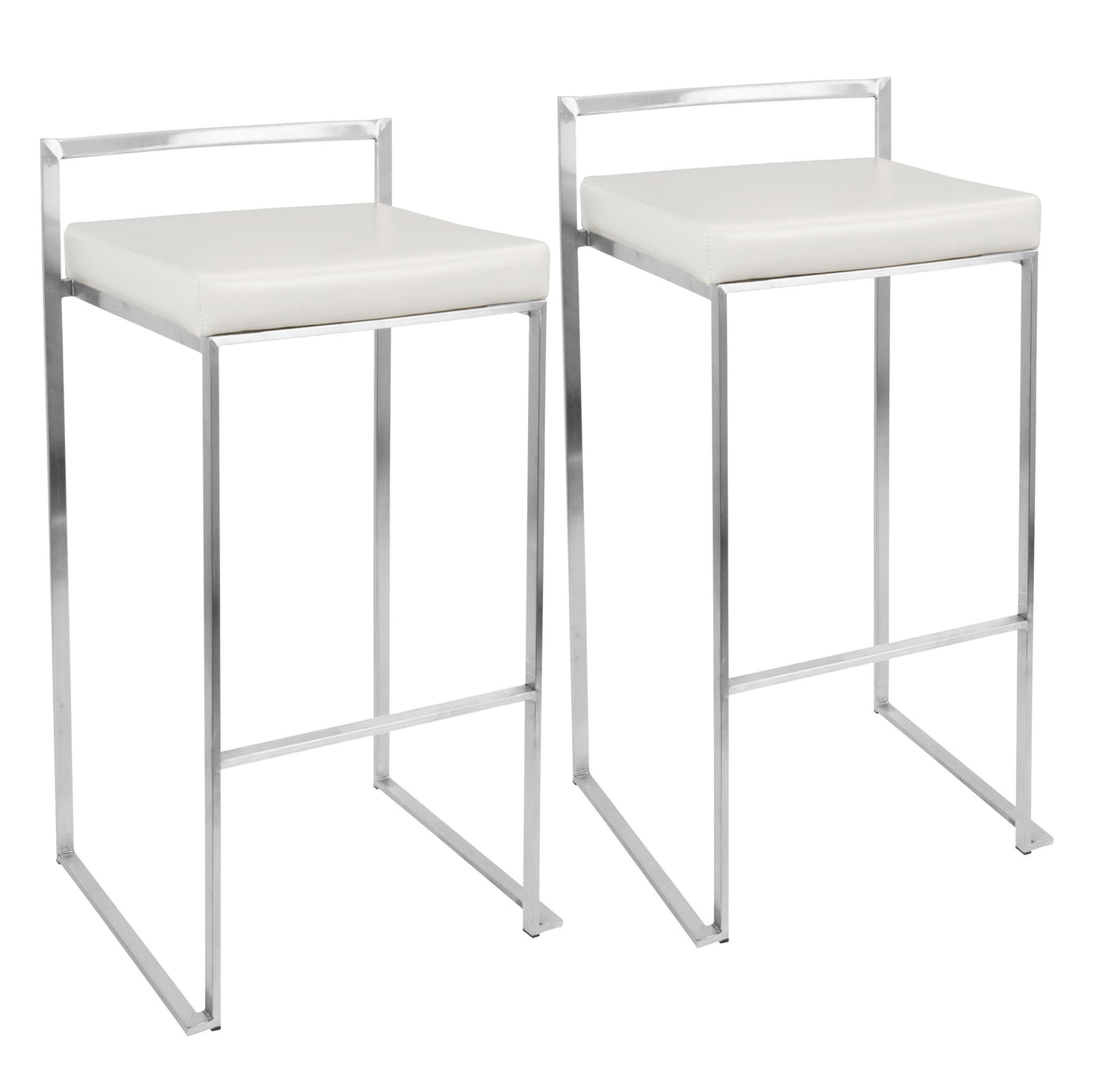 The Fuji - Contemporary Stackable Design Barstool features a sleek chrome frame, square white cushioned seat, minimalist backrest, and open leg design for a modern look.