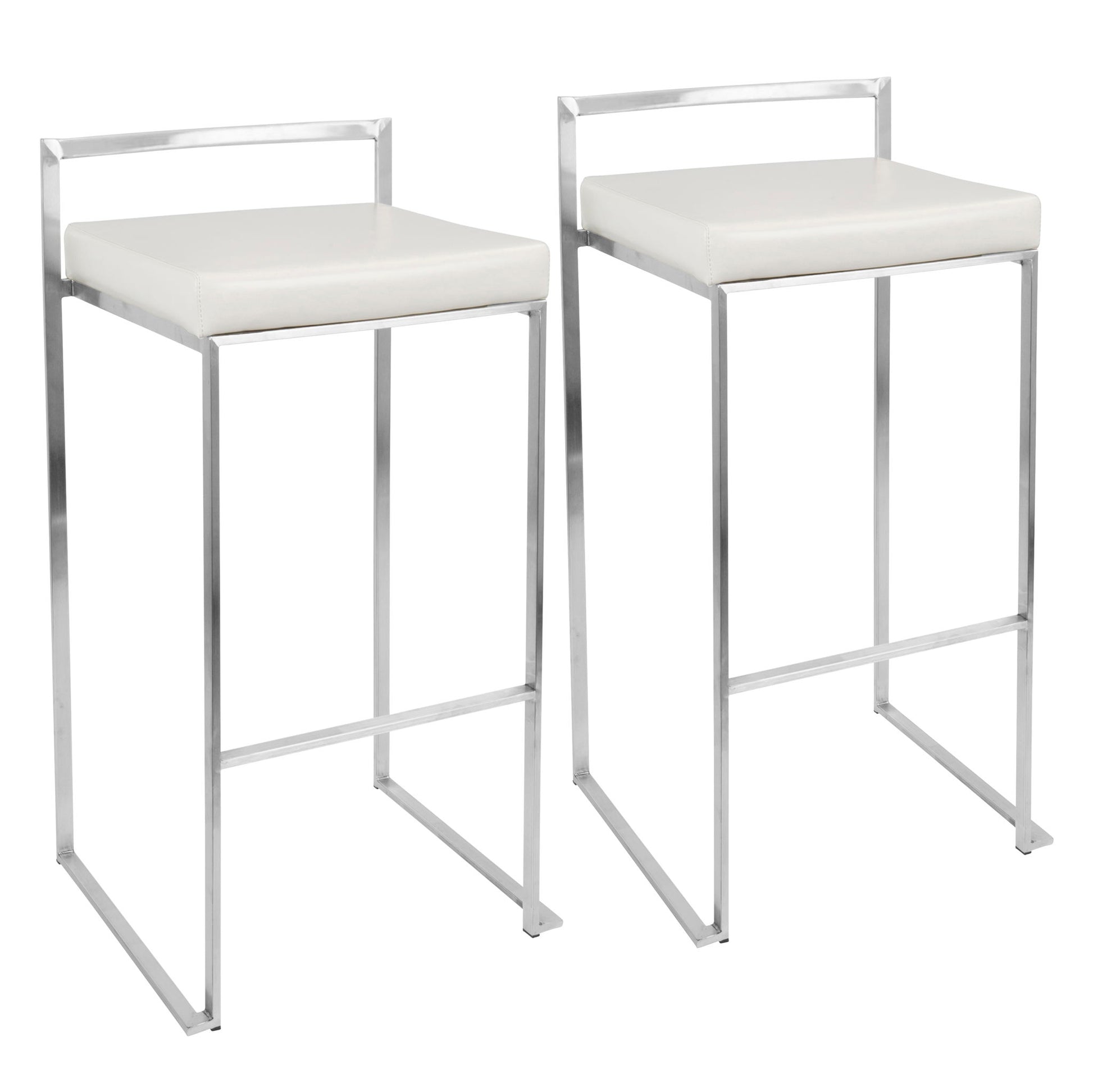 The Fuji - Contemporary Stackable Design Barstool features a sleek chrome frame, square white cushioned seat, minimalist backrest, and open leg design for a modern look.