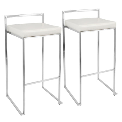 The Fuji - Contemporary Stackable Design Barstool features a sleek chrome frame, square white cushioned seat, minimalist backrest, and open leg design for a modern look.