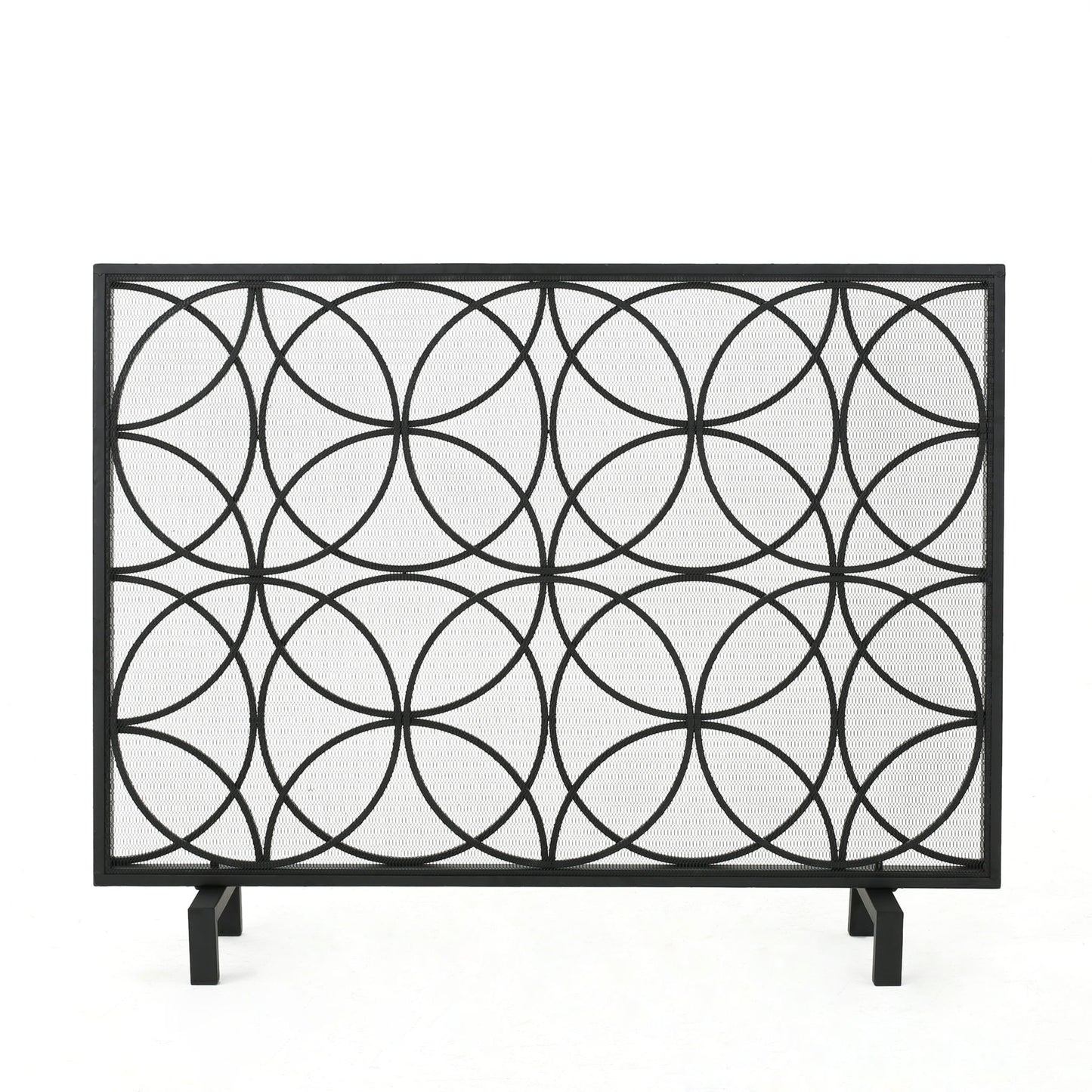 The Thayer Single Panel Iron Fireplace Screen features a geometric design with intersecting circles, a rectangular black frame, and stands on four short legs against a white background.
