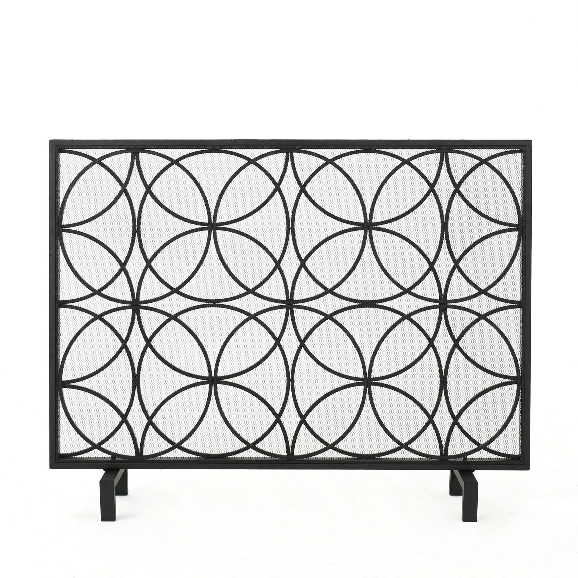 The Thayer Single Panel Iron Fireplace Screen features a geometric design with intersecting circles, a rectangular black frame, and stands on four short legs against a white background.