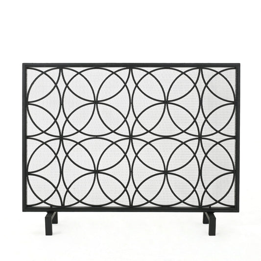 The Thayer Single Panel Iron Fireplace Screen features a geometric design with intersecting circles, a rectangular black frame, and stands on four short legs against a white background.
