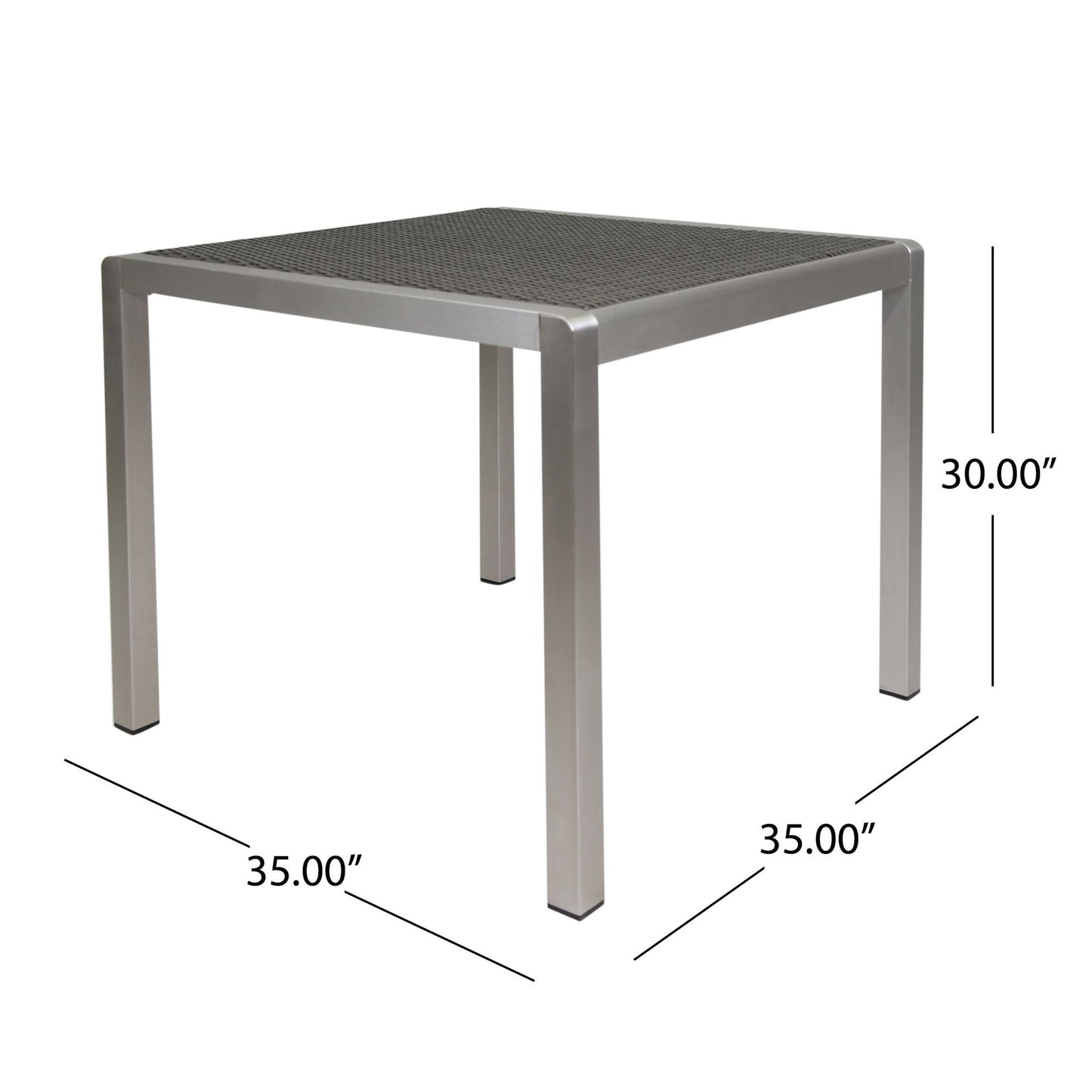 The Outdoor Square Dining Table With Aluminum Frame features a mesh top, four straight legs, and measures 35"x35" wide by 30" tall.