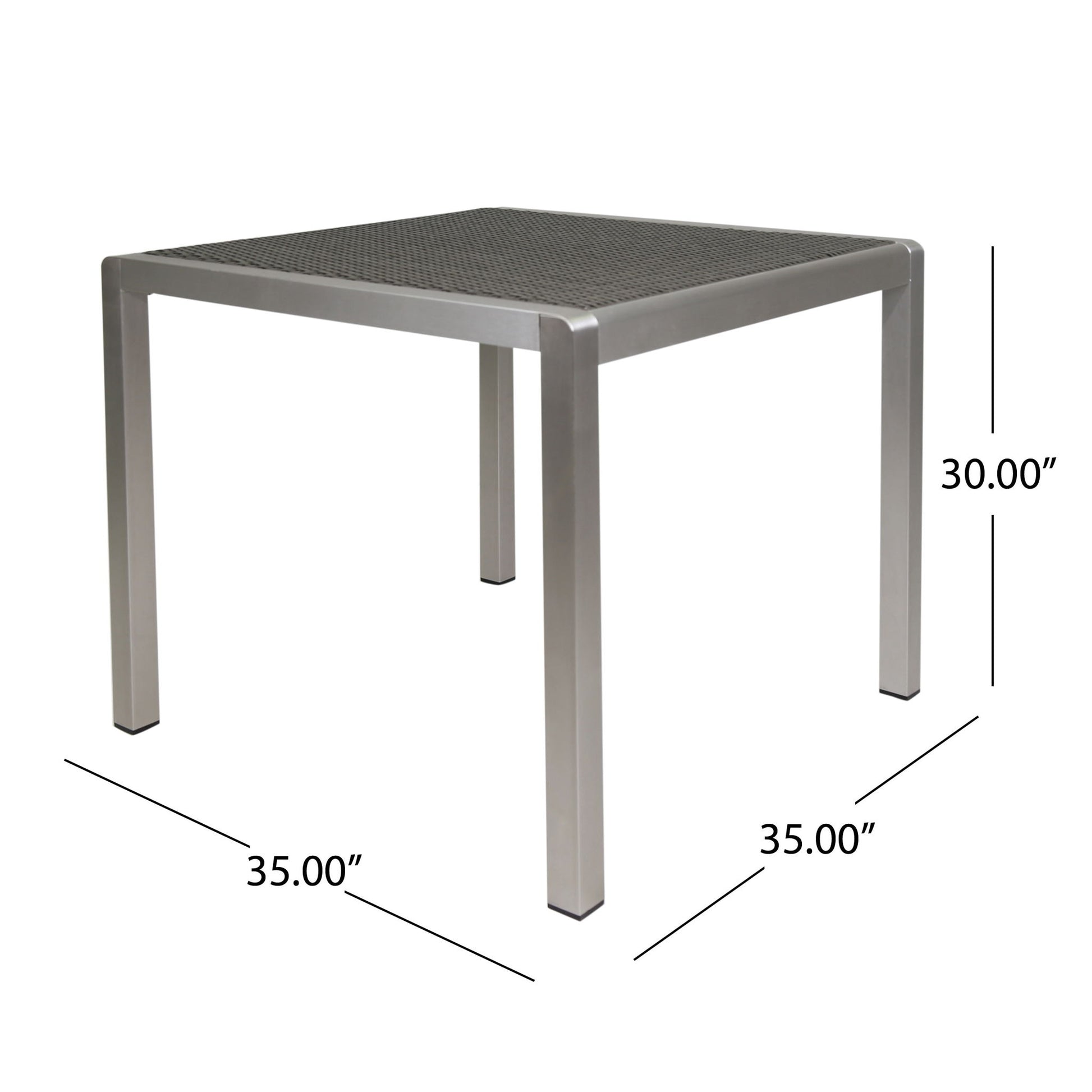 The Outdoor Square Dining Table With Aluminum Frame features a mesh top, four straight legs, and measures 35"x35" wide by 30" tall.