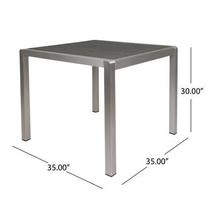 The Outdoor Square Dining Table With Aluminum Frame features a mesh top, four straight legs, and measures 35"x35" wide by 30" tall.