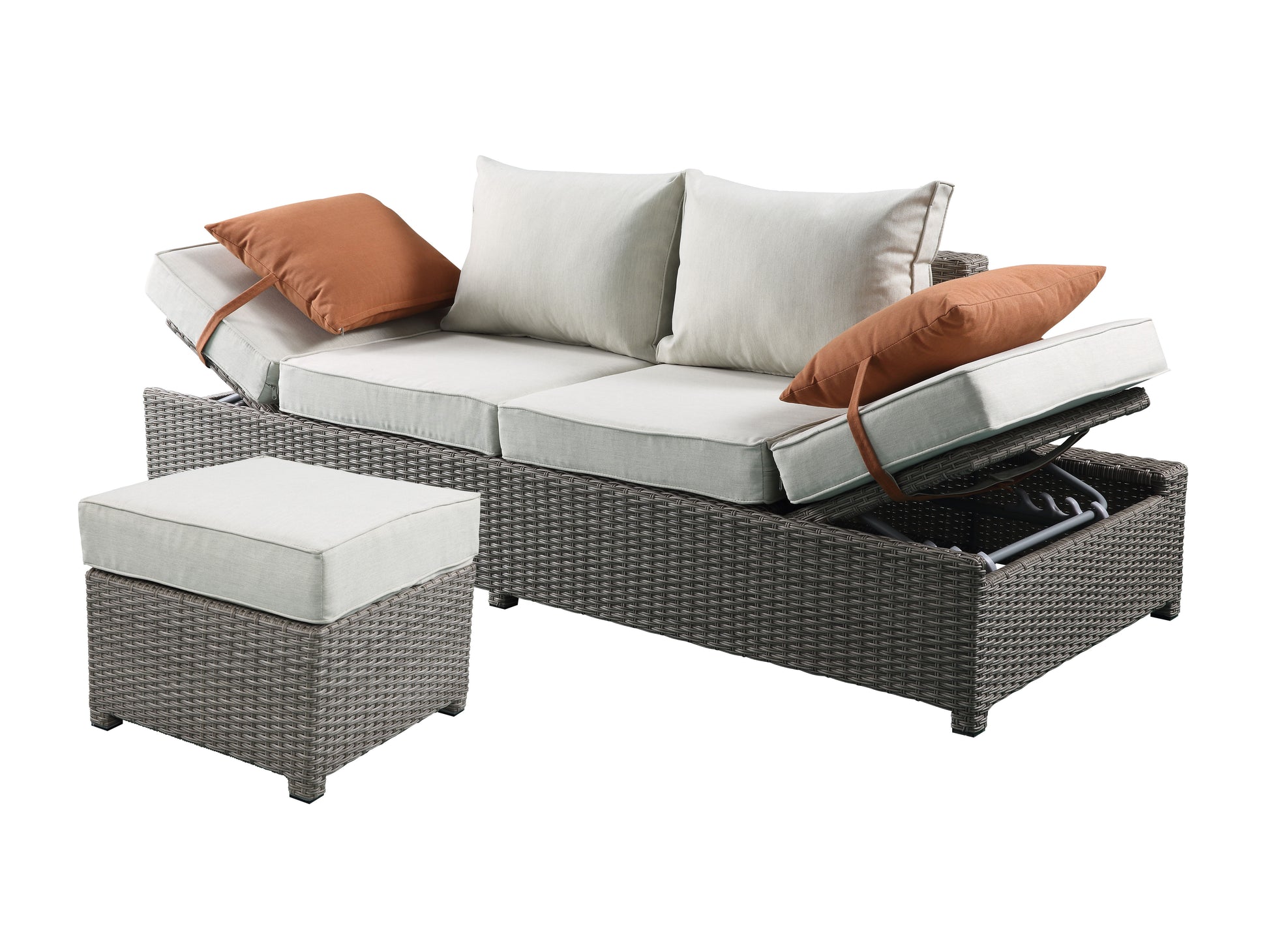 The Couch.com Salena All Weather Wicker Patio Sofa & Ottoman in dark gray features beige/gray weather-resistant fabric, two toss pillows, adjustable armrests (one raised), and an open under-seat storage compartment.