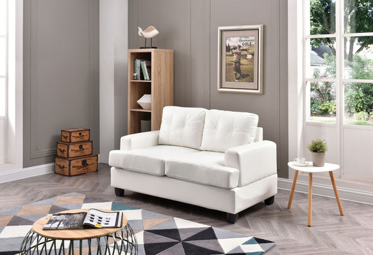 A modern living room features the Stylish Transitional Loveseat For Two, a round coffee table, side table with a plant, bookshelf, framed art, large windows for natural light, and a geometric-patterned rug on the floor.