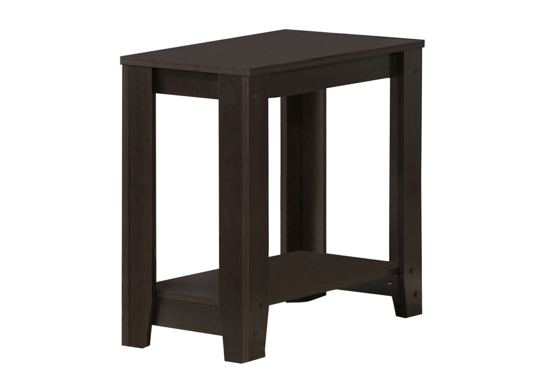 The Accent Table features a dark brown wood finish, four legs, a rectangular top, and a lower storage shelf. Its elegant transitional design combines simplicity with modern style.