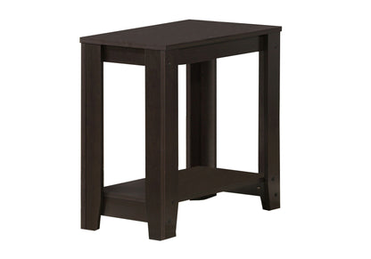 The Accent Table features a dark brown wood finish, four legs, a rectangular top, and a lower storage shelf. Its elegant transitional design combines simplicity with modern style.