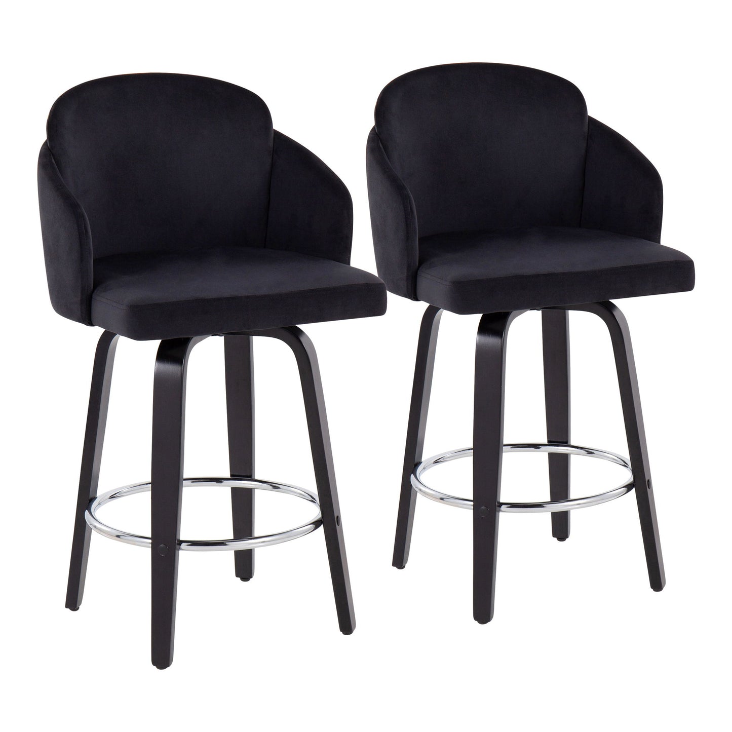 The Dahlia - Contemporary Counter Stool Round Footrest (Set of 2) features two modern black stools with curved backs, cushioned seats, four wooden legs, and a chrome footrest ring for a sleek, contemporary look.