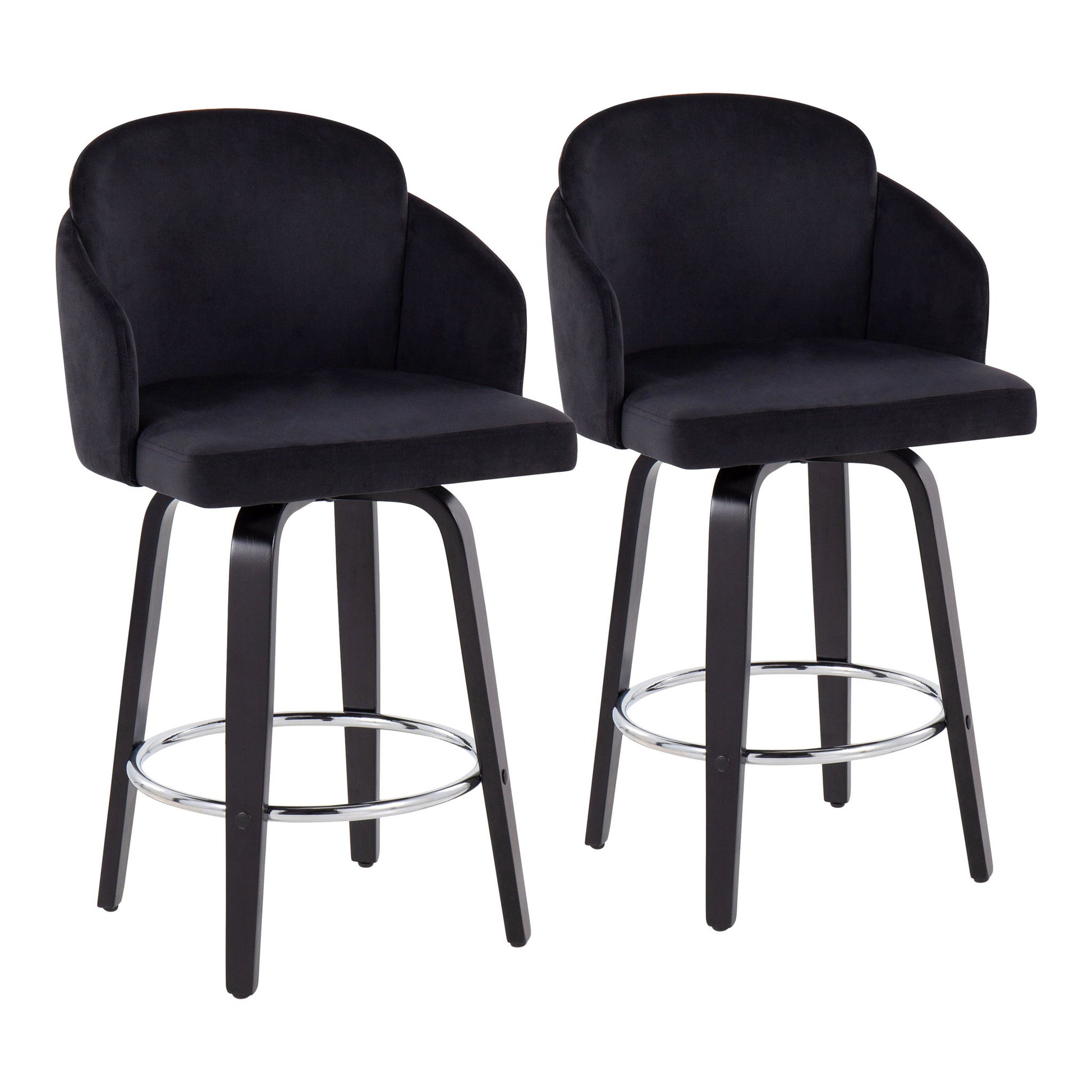 The Dahlia - Contemporary Counter Stool Round Footrest (Set of 2) features two modern black stools with curved backs, cushioned seats, four wooden legs, and a chrome footrest ring for a sleek, contemporary look.