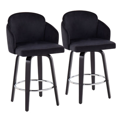 The Dahlia - Contemporary Counter Stool Round Footrest (Set of 2) features two modern black stools with curved backs, cushioned seats, four wooden legs, and a chrome footrest ring for a sleek, contemporary look.