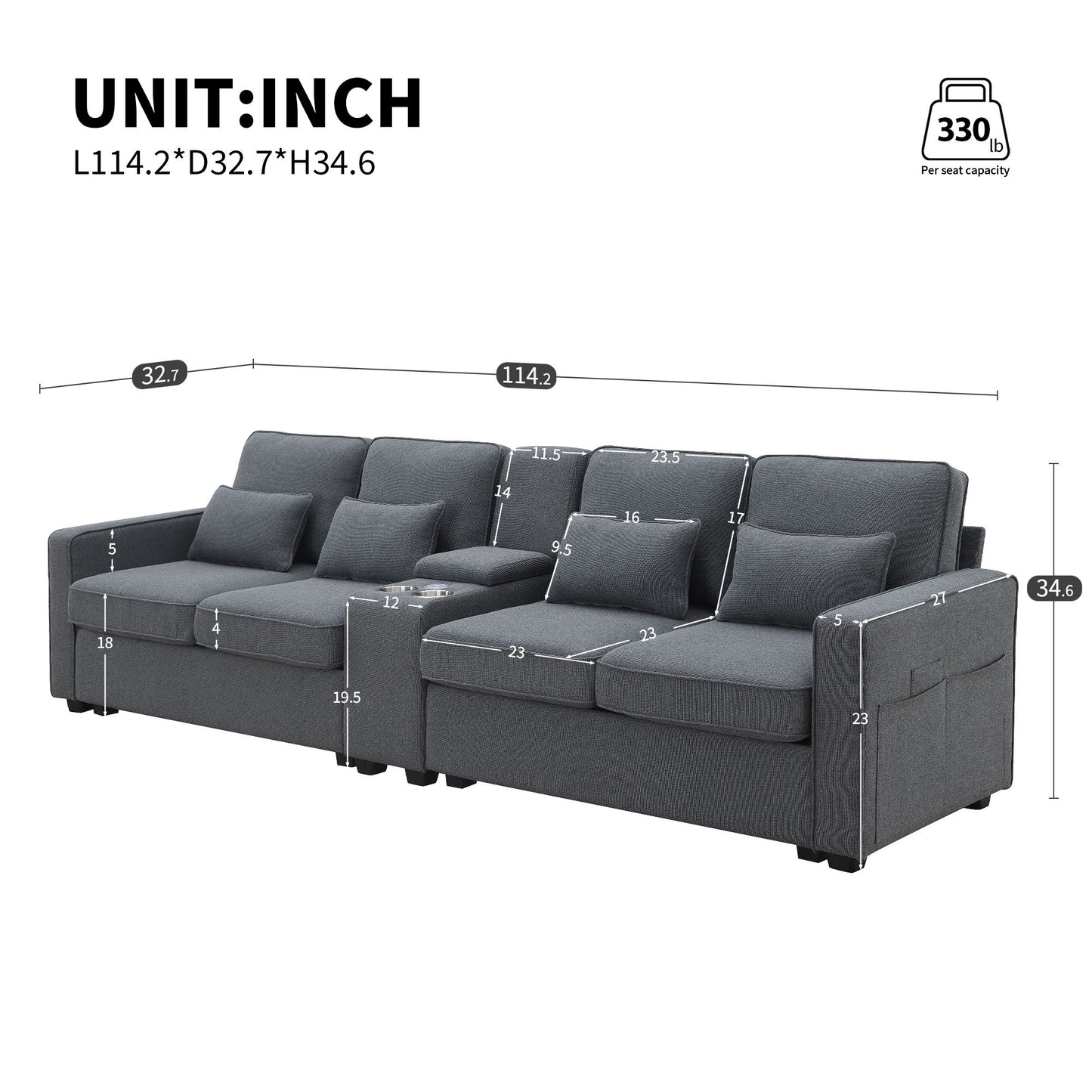 A modern dark gray linen sectional, the Upholstered Sofa With Console seats 4 with dimensions 114.2"L x 32.7"D x 34.6"H, supports up to 330 lbs per seat, and features cushions, armrests, 4 pillows, a console with cupholders & USB ports for wired/wireless charging.