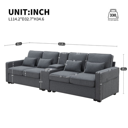 A modern dark gray linen sectional, the Upholstered Sofa With Console seats 4 with dimensions 114.2"L x 32.7"D x 34.6"H, supports up to 330 lbs per seat, and features cushions, armrests, 4 pillows, a console with cupholders & USB ports for wired/wireless charging.