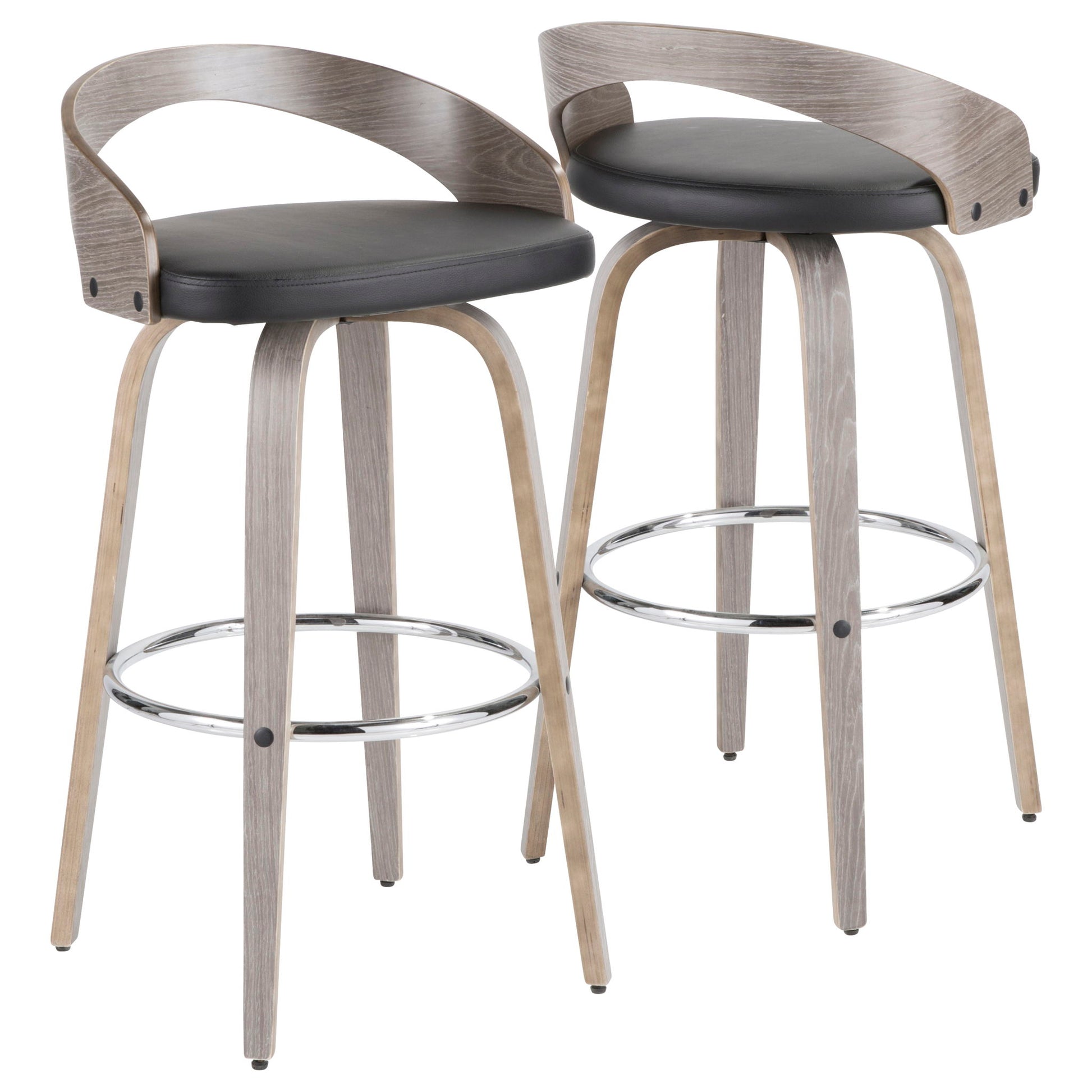 The Grotto Mid-Century Modern Stool (Set of 2) features curved wooden backs, black cushioned seats, light wood legs, and metal footrests, displayed against a plain white background.