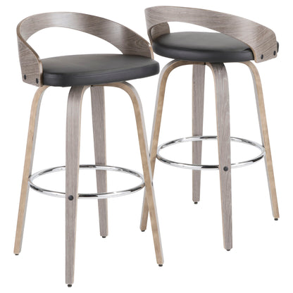 The Grotto Mid-Century Modern Stool (Set of 2) features curved wooden backs, black cushioned seats, light wood legs, and metal footrests, displayed against a plain white background.