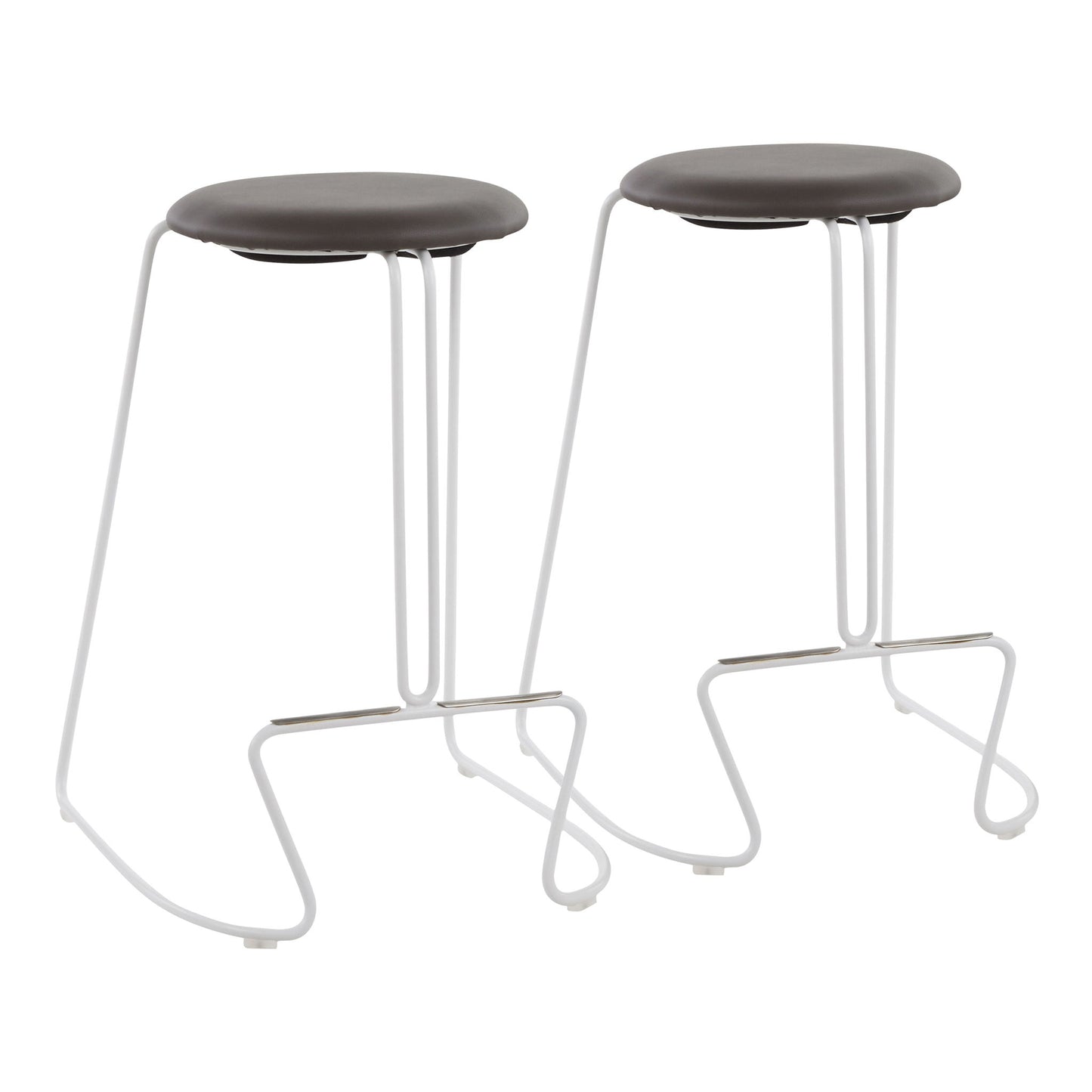 The Finn Contemporary Counter Stool Set of 2 features thin white metal frames, round black cushioned seats, and integrated footrests for a minimalistic, modern look.