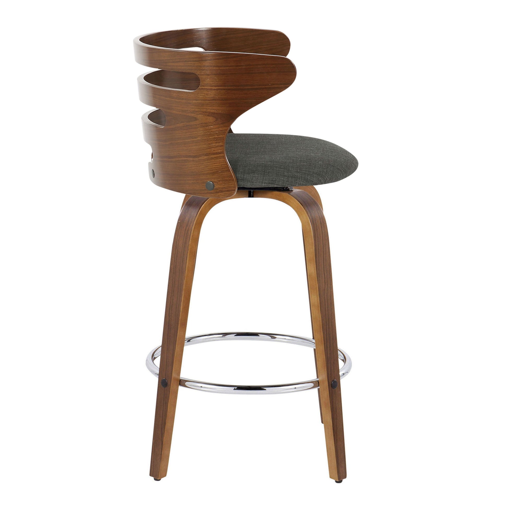 The Cosini Mid Century Modern Fixed Height Barstool features a swivel seat, curved open-back design, green cushion, four angled legs, and a round chrome footrest; sold as a set of 2.