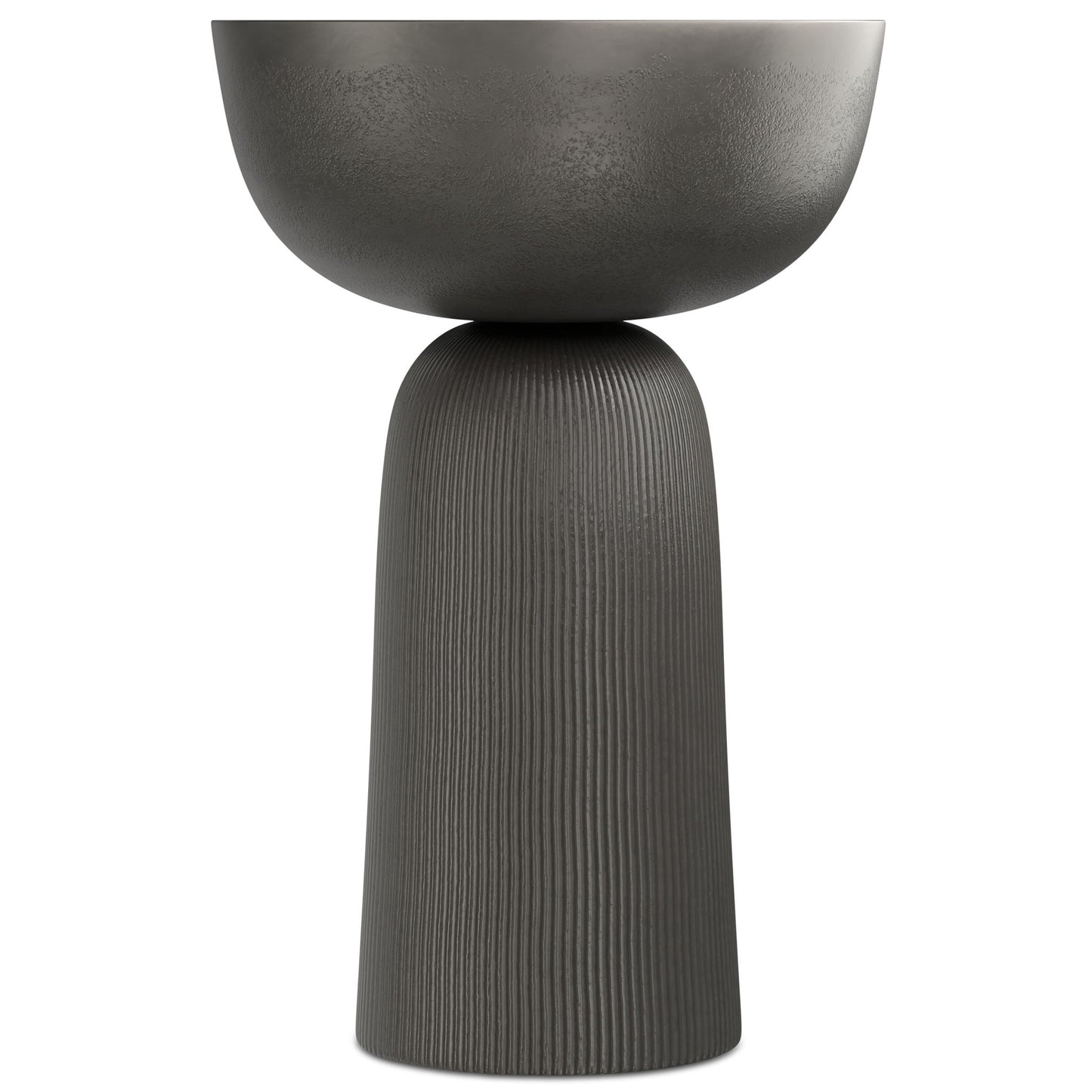 The Hughes Cast Aluminum Side Table in black features a modern design with a round, bowl-shaped top and a tall, textured cylindrical base, shown upright against a plain white background.