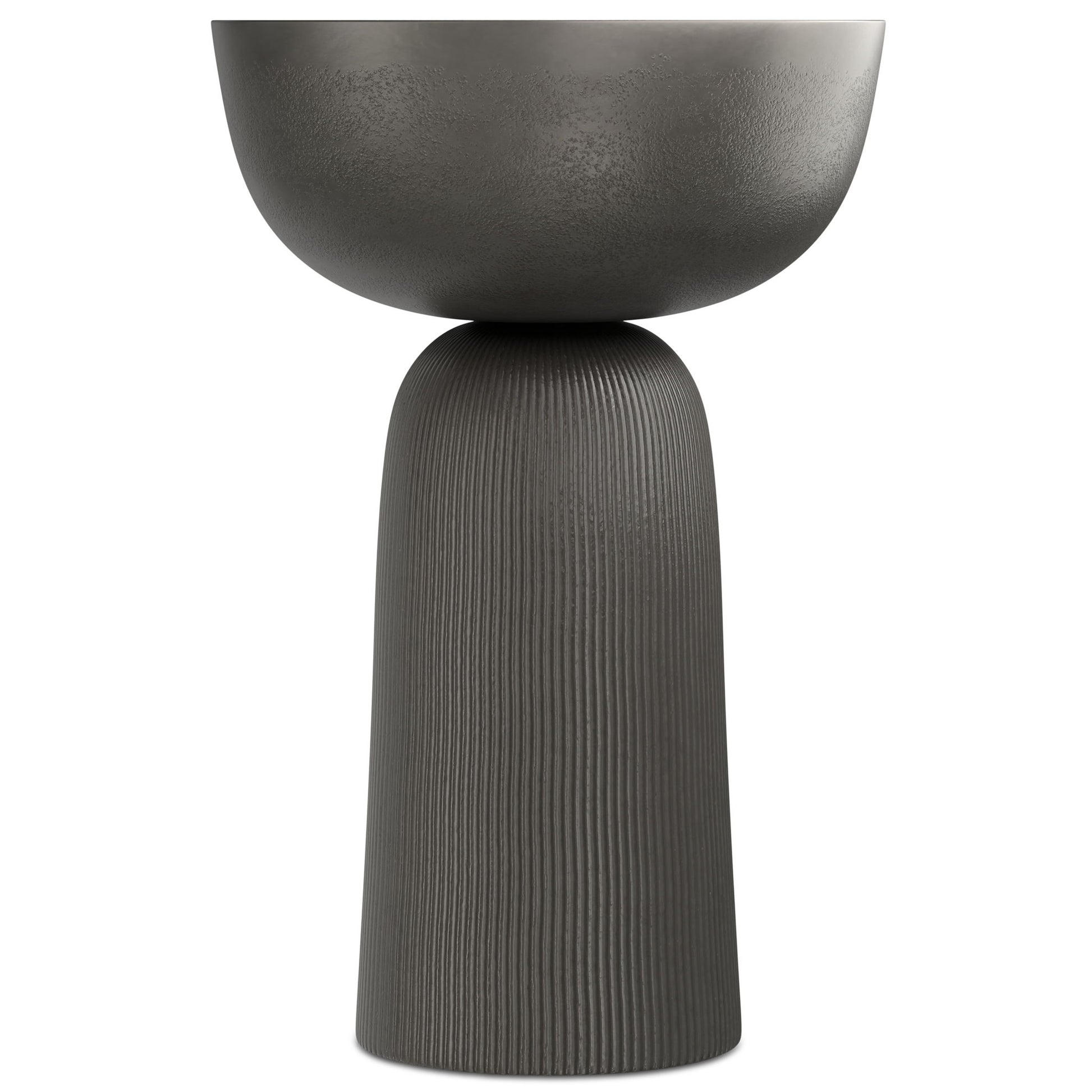The Hughes Cast Aluminum Side Table in black features a modern design with a round, bowl-shaped top and a tall, textured cylindrical base, shown upright against a plain white background.